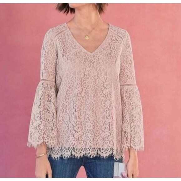 Sundance size M Lace Bell Sleeve V-Neck Pink Fairy Coquette Festival Romantic - Picture 1 of 11